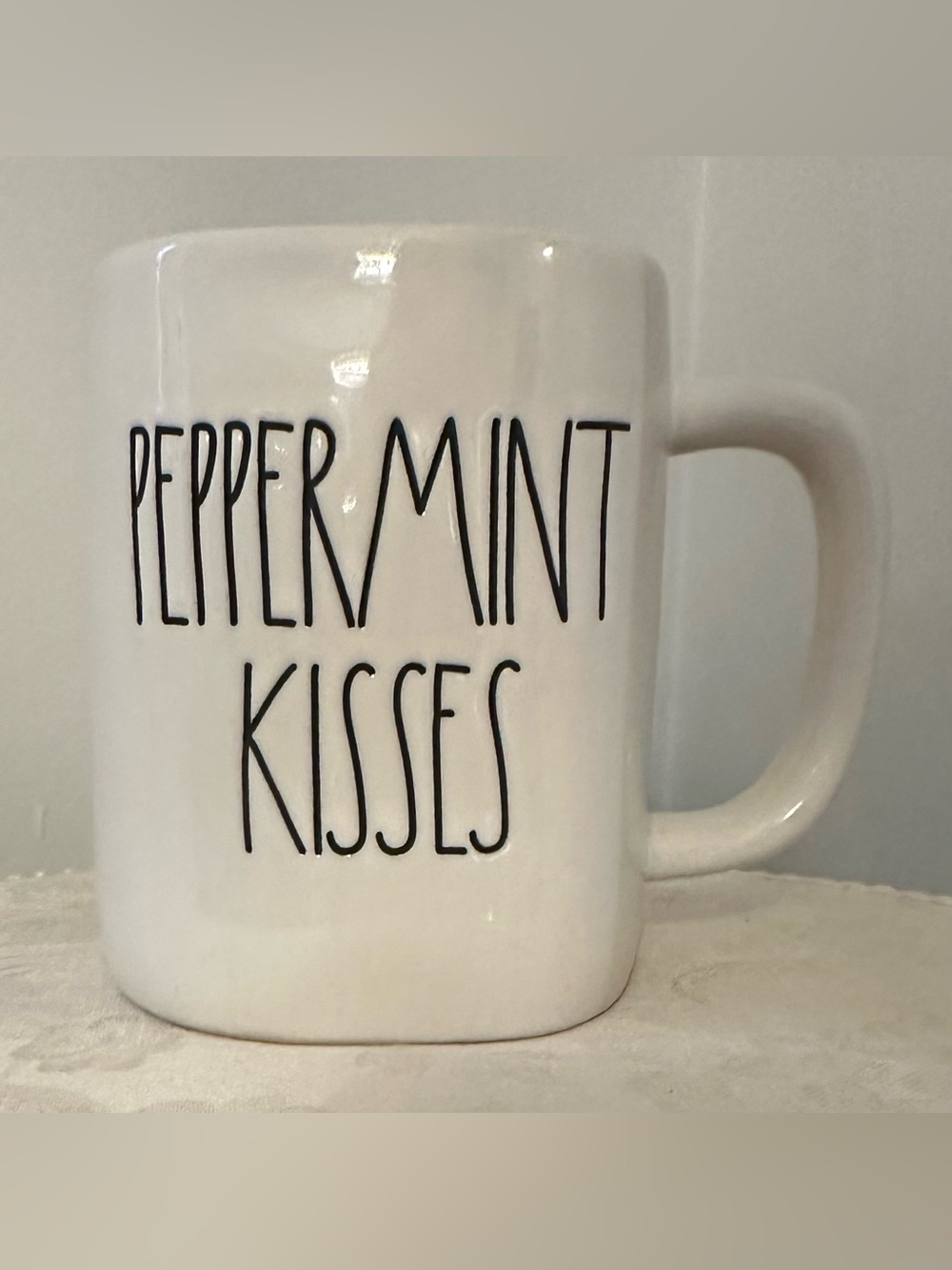 White “Peppermint Kisses” Mug With Red Inside by Rae Dunn
